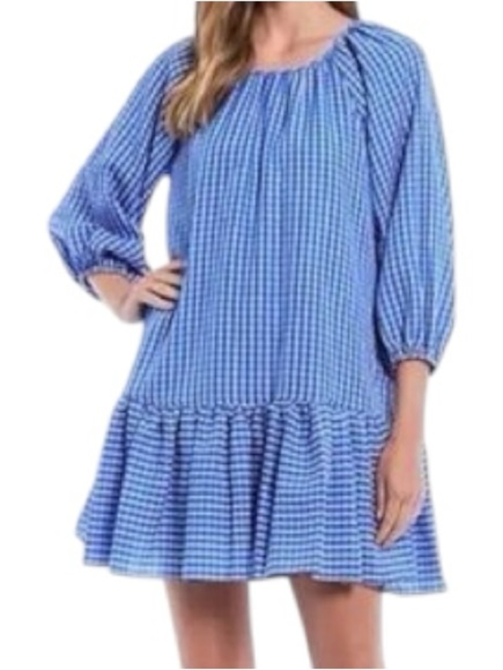 LDT Blue and white gingham peasant balloon sleeve ruffle spring short mini dress